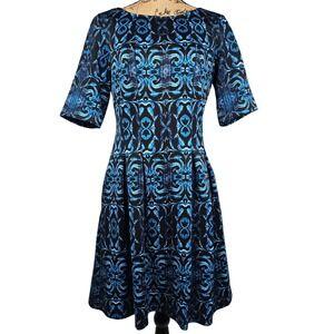 Gabby Skye Blue Black Print Fit & Flare‎ Dress Women's Size 8